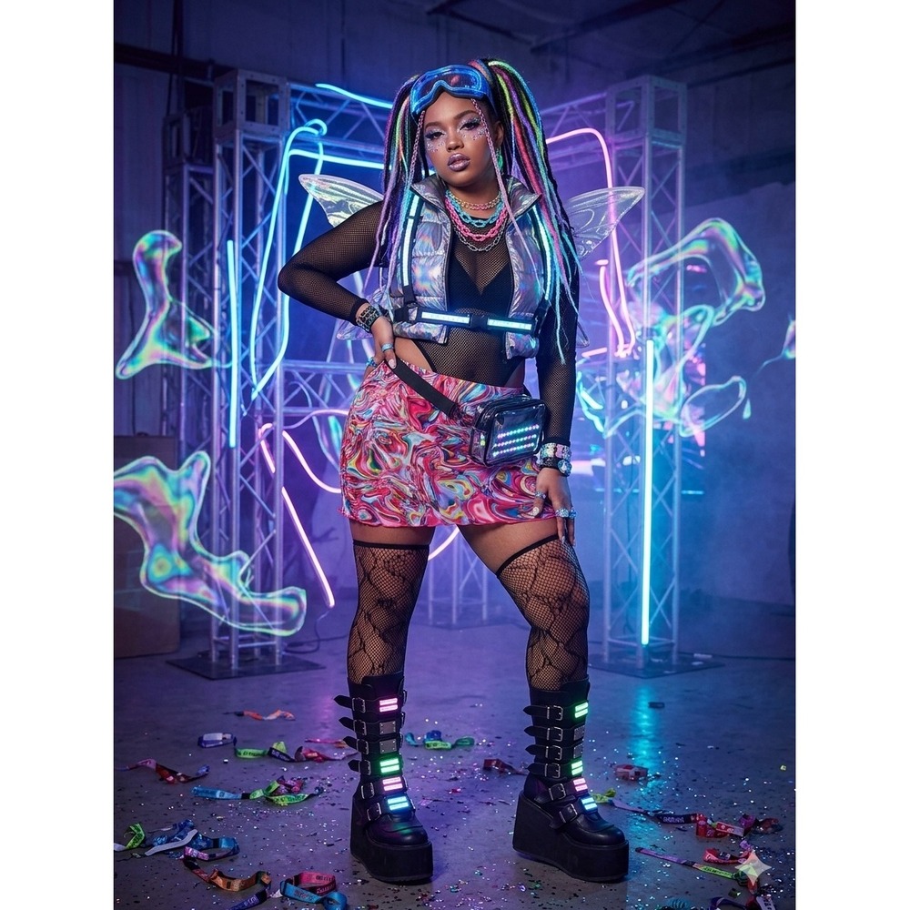 Psychedelic‎ Swirl Print Mesh Mini Skirt XL Cyber Y2K Rave Fairycore Festival